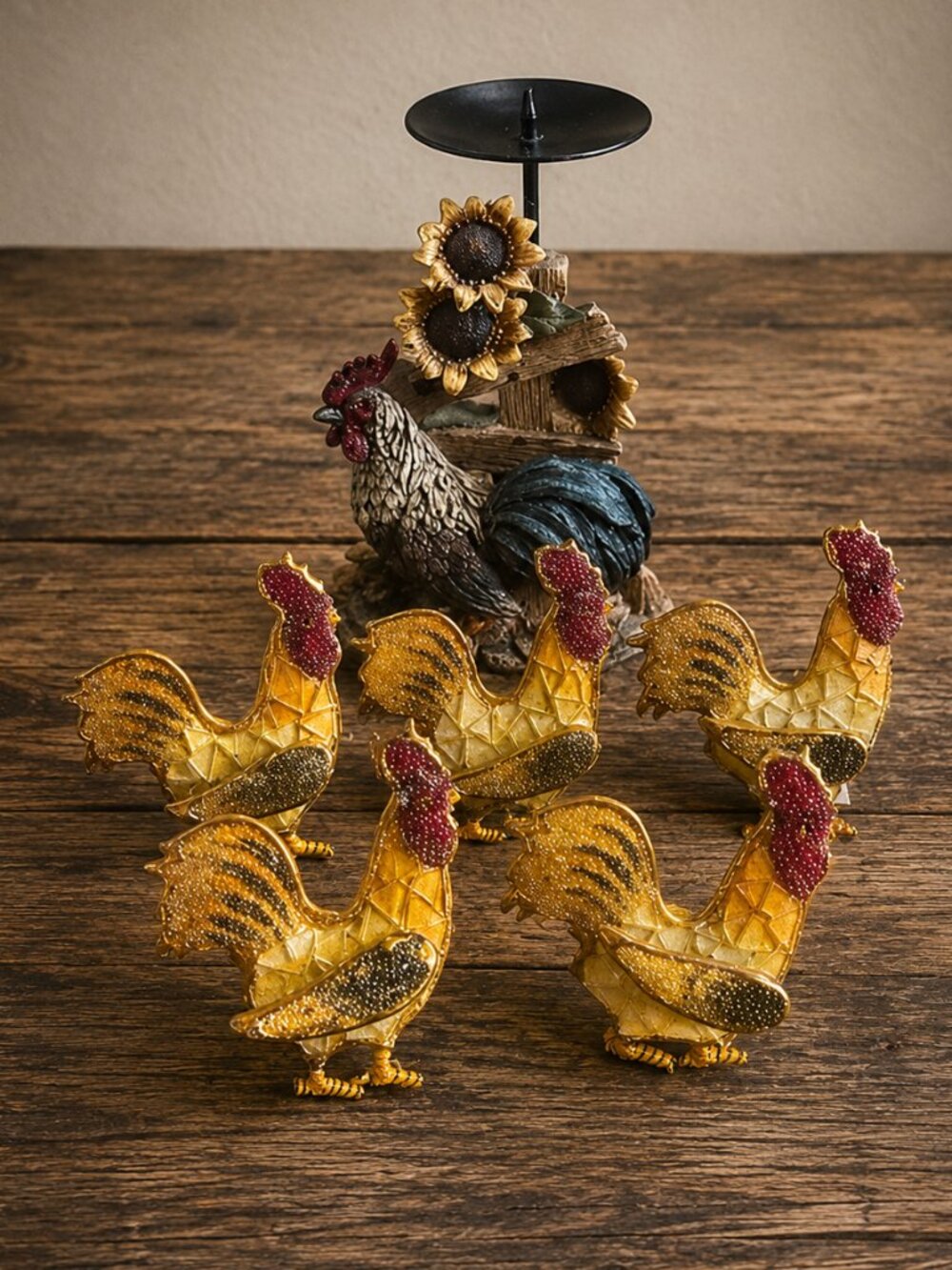 Vintage Rustic Beaded Chicken Napkin Rings & Cottage Rooster Candle Holder Set